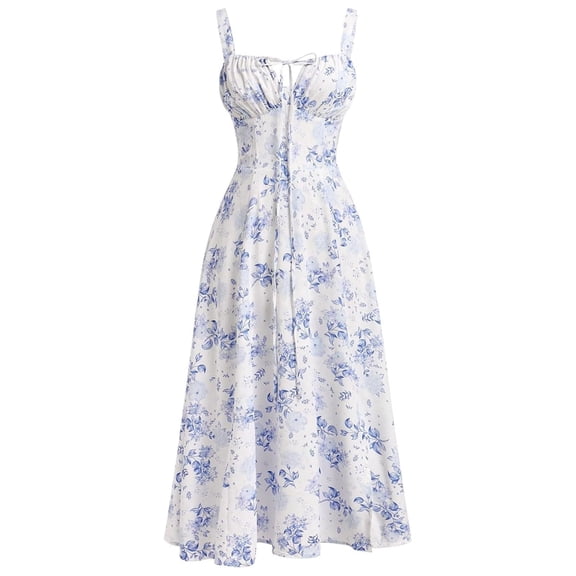 Sleeveless Boho Dress Women's Casual Loose Fit Summer Floral Print Sundress for Beach Vacation Wear,Blue L