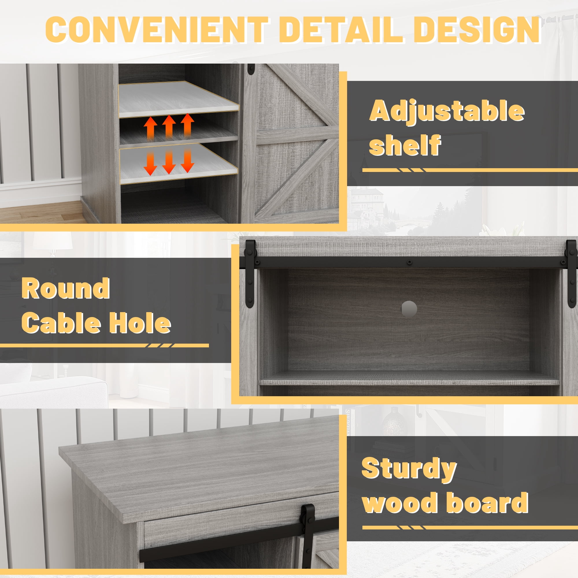 Vineego 58 inch Farmhouse TV Stand and Entertainment Center for Televisions,with Sliding Barn Doors and Storage Cabinets,Gray
