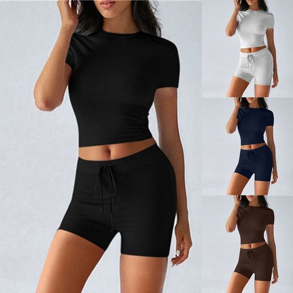 Women's 2 Piece Outfits Lounge Sets Slim Fitted Short Sleeve Crop Tops Fold Over Shorts Casual Comfy Trasuits Black XL(XL)