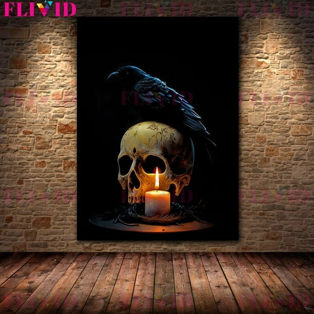 Pintura en lienzo de arte de pared Vintage gótico, cuervo y Calavera, pintura de esqueleto botánico, brujería, Impresión de Póster Artístico