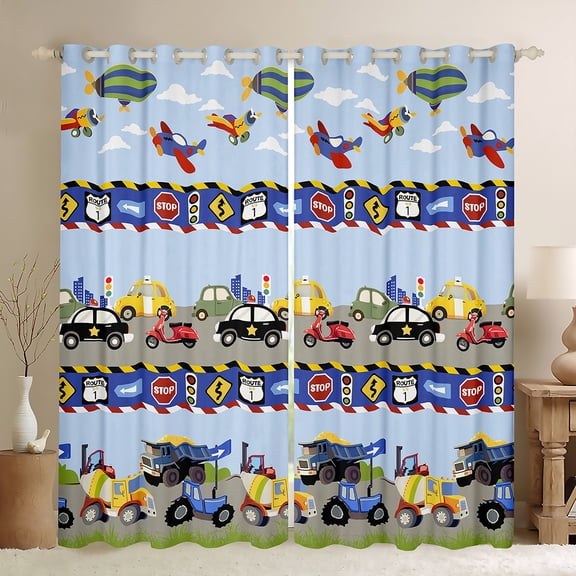 Homewish Car Theme Black Out Curtains For Teens Boys Girls,Cartoon Truck Curtains Pack of 2 (42x63 Each),Construction Vehicles Bedroom Curtains,Microfiber Bedroom Decor