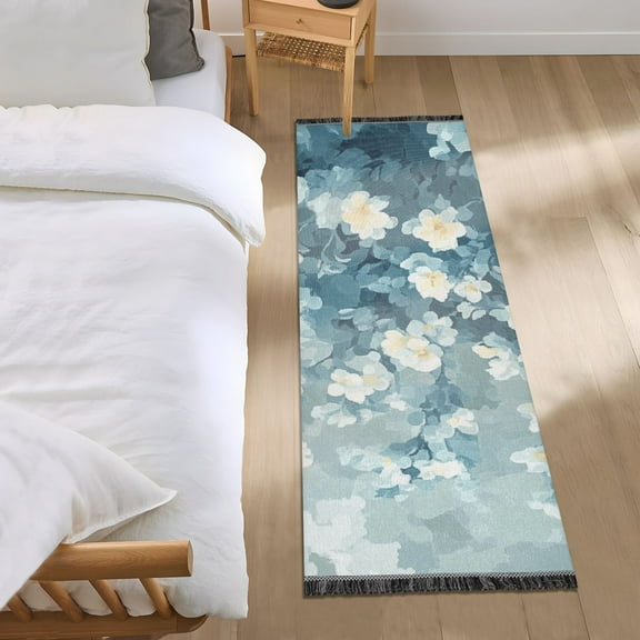 Blue and White Floral Art Bedroom Runner Rug 2'x 6' Non Slip Carpet Indoor Home Area Rug Living Room