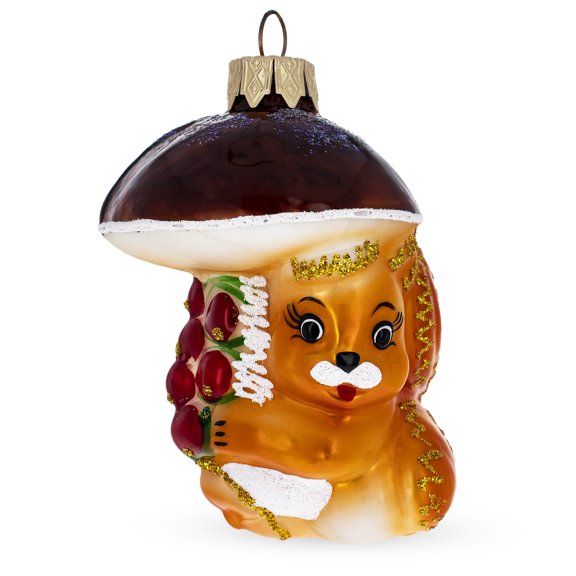 Squirrel Under Mushroom Glass Christmas Ornament