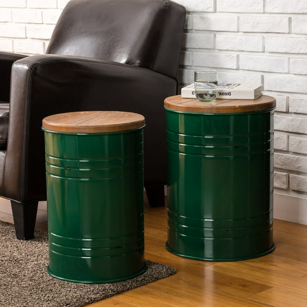 Glitzhome Industrial Farmhouse Round Storage End Tables (Set of 2