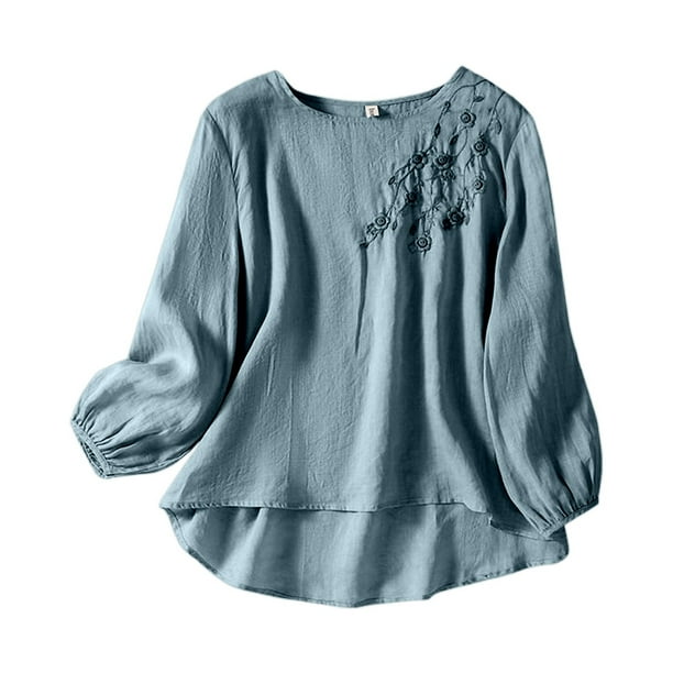 MHFRRA Camiseta de Manga Larga con Cuello Redondo y Bordado para Mujer, Estilo Bohemio, Holgada, Estilo Vintage, con Apliques Florales Azul