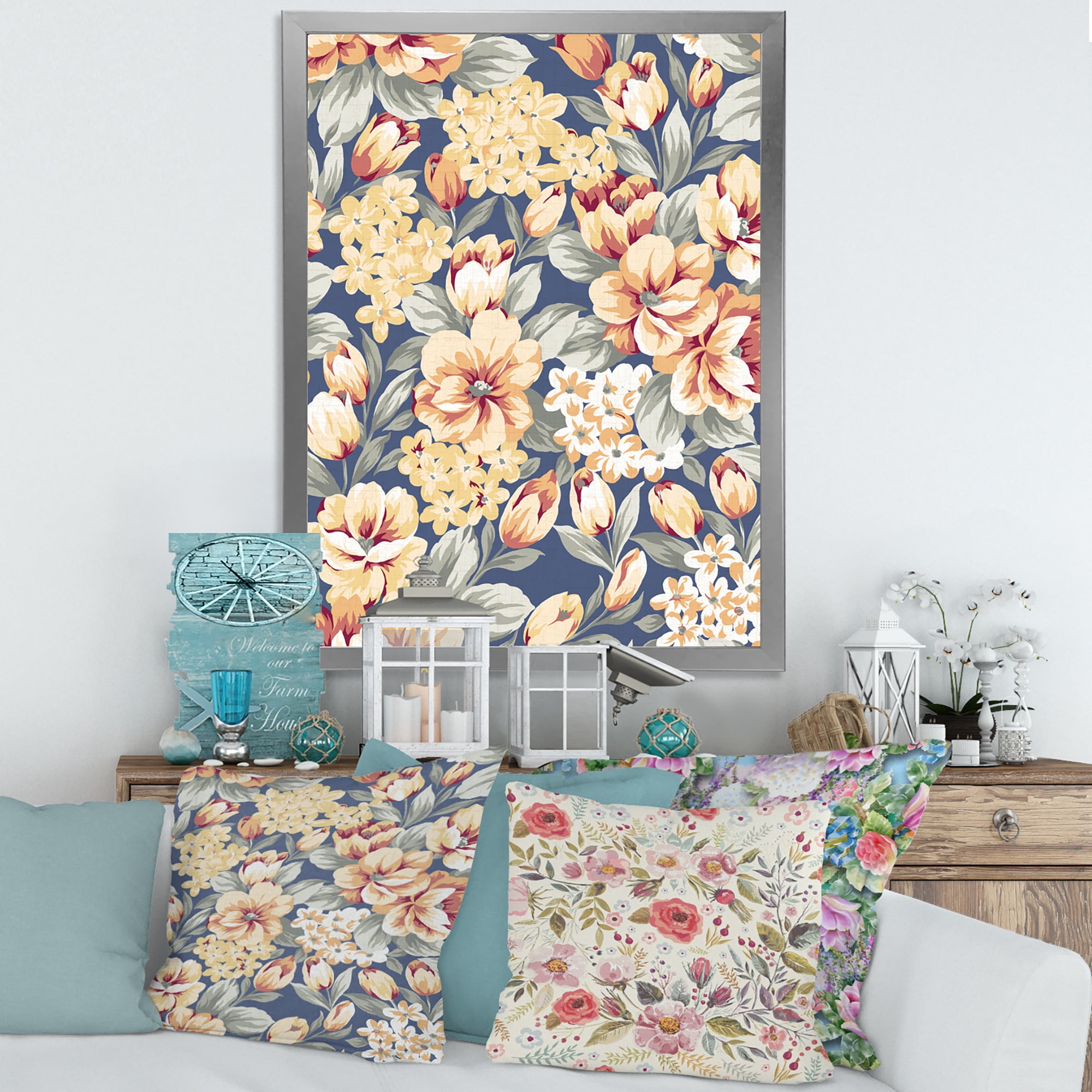 Designart 'Vintage Orange and Yellow Flowers' Traditional Framed Art Print