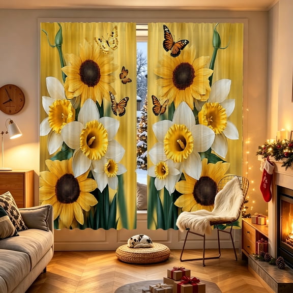 1/2pcs Beige Checkered Sunflower Arrangement Printed Window Curtain, 53.9x17.7/27.5x39.3/27.5x59 inch, Polyester, Light Filter, Indoor Household Decor