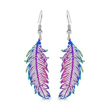 Handmade Rainbow Stainless Steel Flawless Feather Boho Chic Earring for Women by BESHEEK