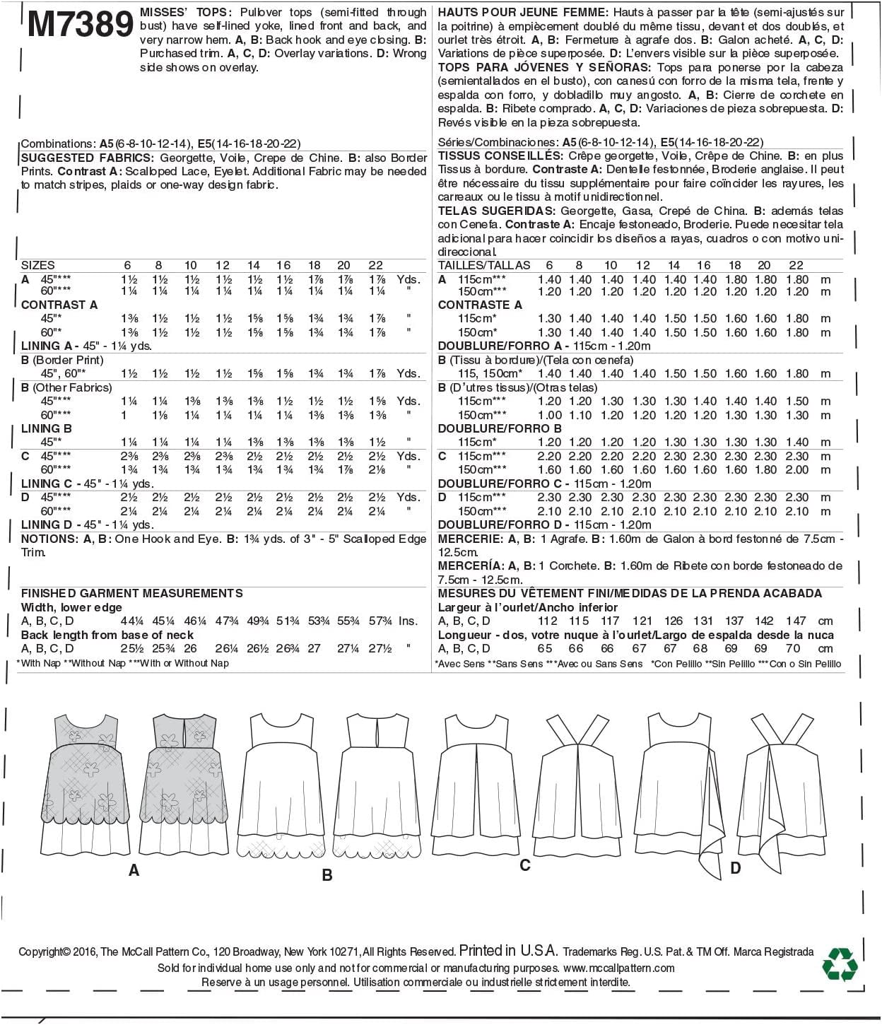 McCall's M7389 Misses' Sleeveless Tops with Overlays (SIZE 6-14) SEWING PATTERN