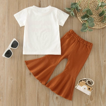 

nsendm Toddler Girls Short Sleeve Letter Printed T Shirt Pullover Tops Bell Bottoms Pants Kids Outfits Crop Hoodie And Pant Set Childrenscostume White 18-24 Months