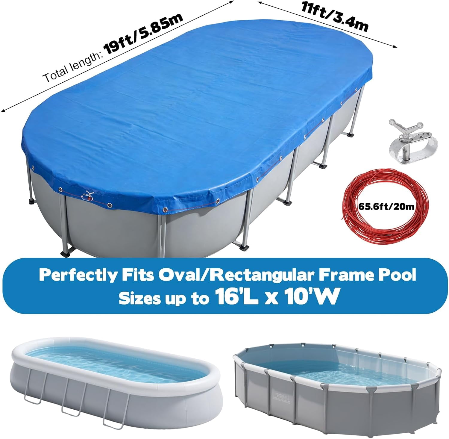 16x10 FT Oval Pool Cover for Above Ground Pools,Solar Oval Pool Cover Protector with Drawstring for Cold and UV Resistant,Dustproof -All-Weather Protection (Only Cover, Not Include Pool)