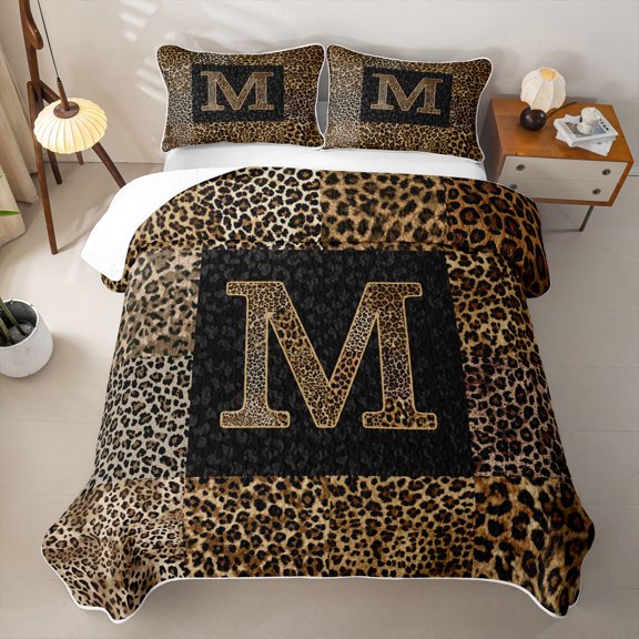 Catabedysis Personalized Letter Gifts Quilt Full,Fashion Leopard Alphabet M Full Bedspread Sets For Girls,3Pcs