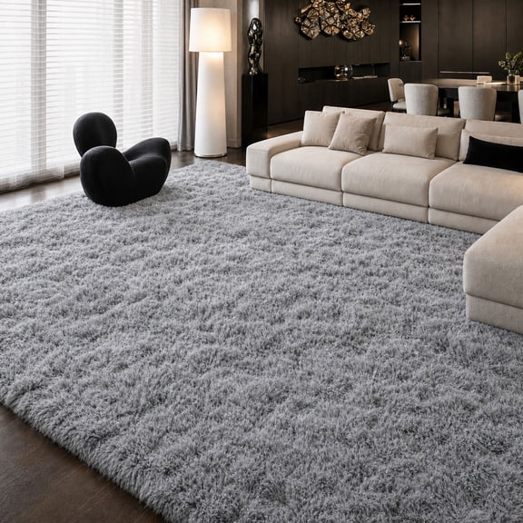 Lanbertent 9ft x 12ft Shag Area Rug, Soft Fluffy Area Rugs for Living Room Bedroom Plush Pile Carpets, Light Gray