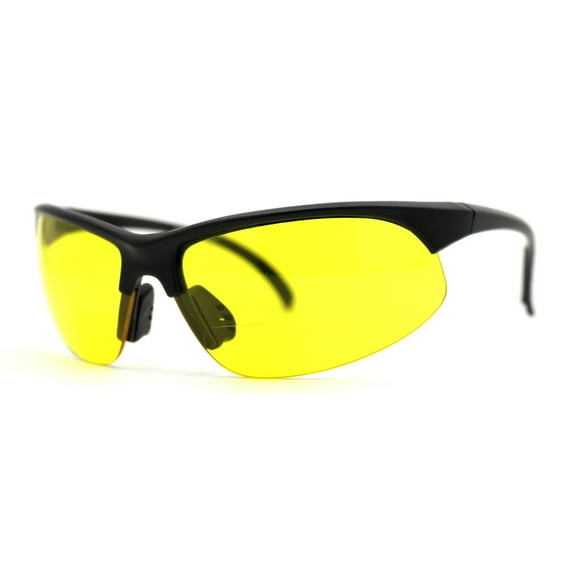 Mens Baseball Half Rim Bifocal Night Driving Lens Reading Sunglasses Matte Black Yellow 2.50
