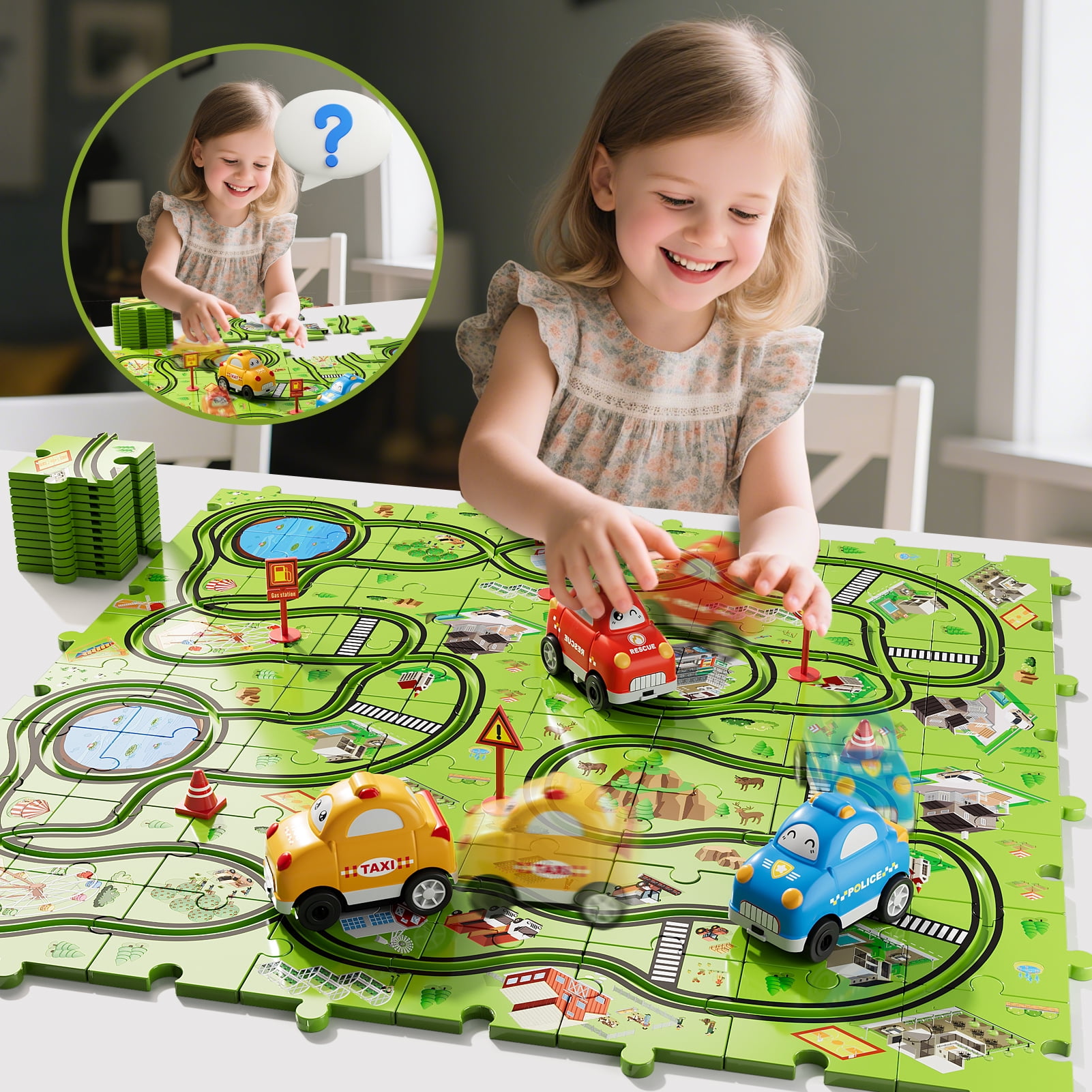 iHaHa 73 Pcs Puzzle Race Car Set Toys for Kids Ages 3-6 Years Old Boys, Puzzle Track Toys Gifts for Ages 3 4 5, Race Car Track Toys