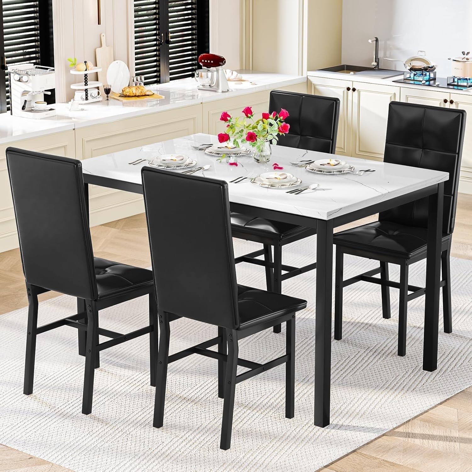4-Person Dining Set: Modern Marble-Effect Dining Table with 4 PU Leather Upholstered Chairs. Kitchen dining furniture suitable for kitchens, dining rooms, and apartments.