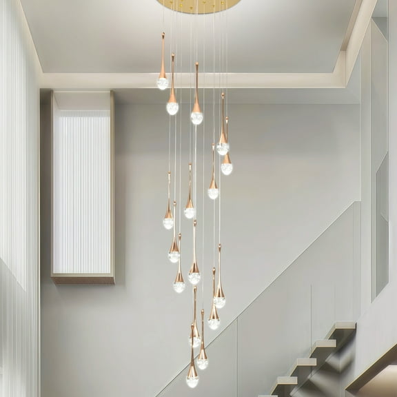 Gold Crystal Chandelier with Remote Control - Adjustable 16-Light Dimmable LED for High Ceilings & Staircases