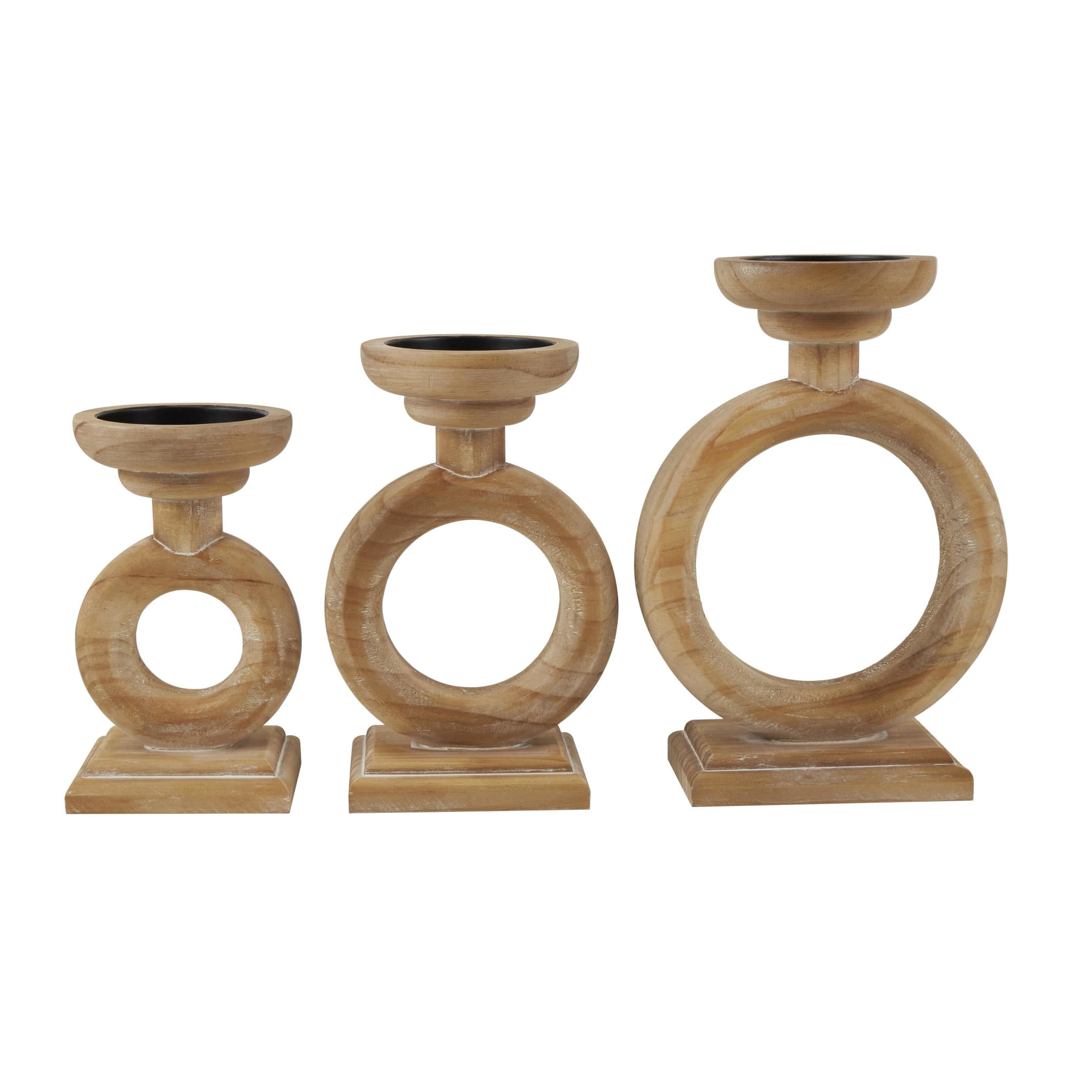 DecMode 3 Candle Brown Wood Circular Ring Candle Holder, Set of 3