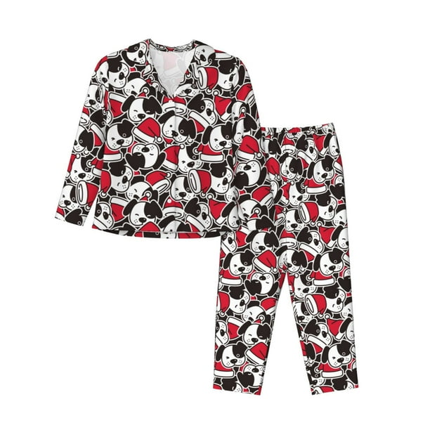 Balery Cute Dog Conjunto de Pijama con Estampado para Mujer, Conjunto de Dos Piezas con Manga Larga, Ropa de Dormir Suave con Bolsillos, Pijamas Cómodos-X-Large