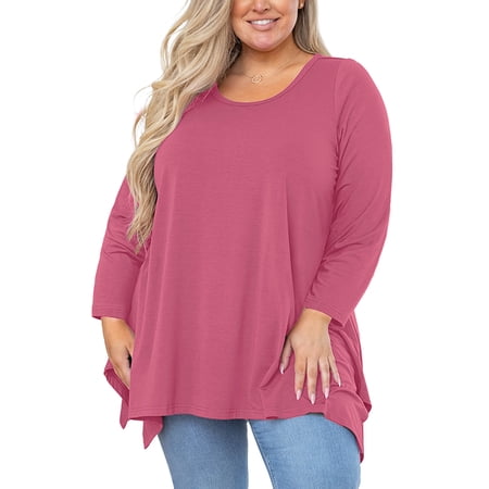 SHOWMALL Women's Plus Size Long Sleeve Top, Purple Red 2X Scoop Neck Tunic Tops with Asym Hem, Flowy Swing Shirts, Everyday Comfort