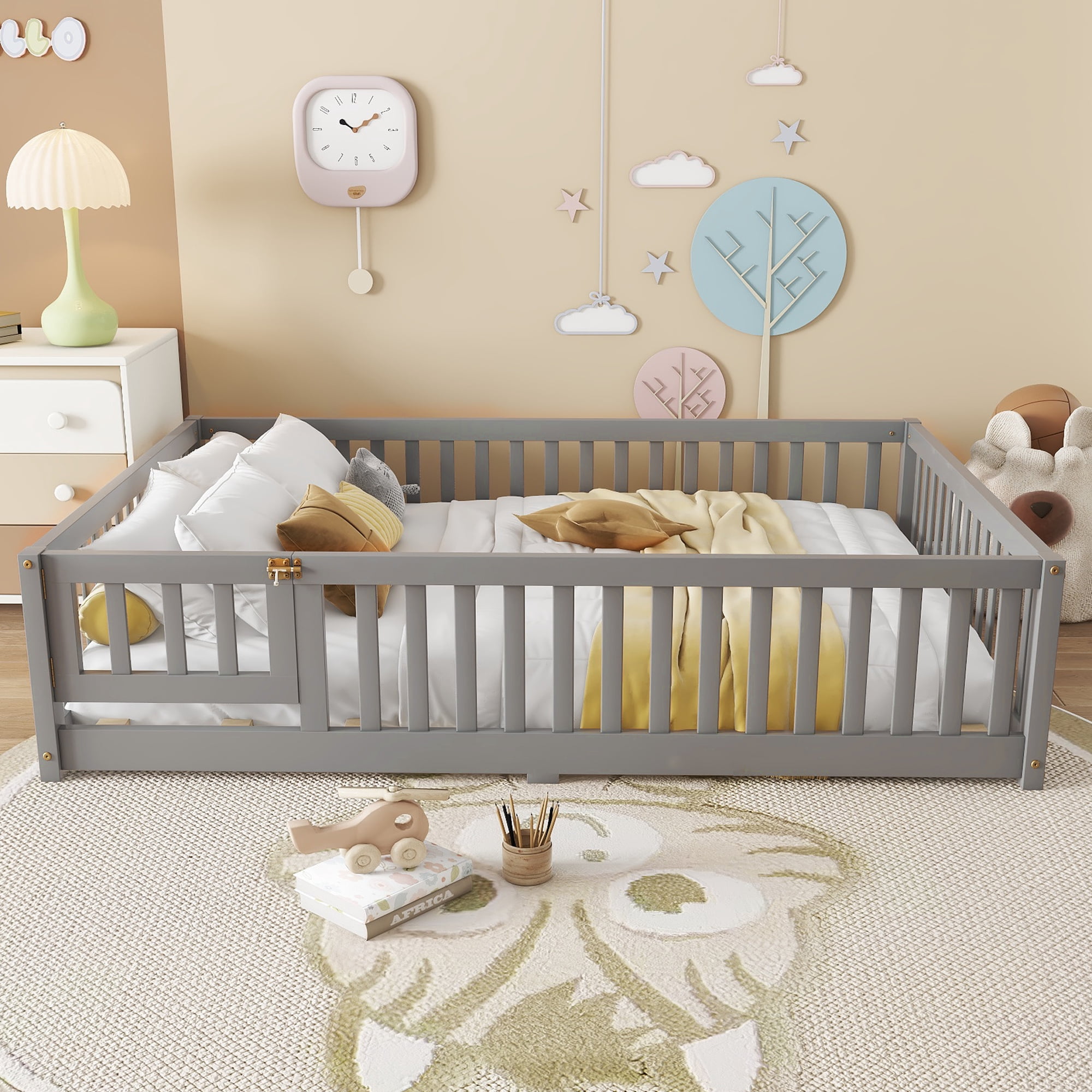 Bellemave Full Size Bed Floor Bed with Safety Guardrails and Door, loor Bed with Bed Slats Sturdy Wood Floor Bed Montessori Bed Frame, Gray