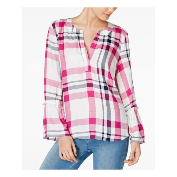 MAISON JULES $59 Womens New 1275 White Plaid V Neck Long Sleeve Tunic Top M B B