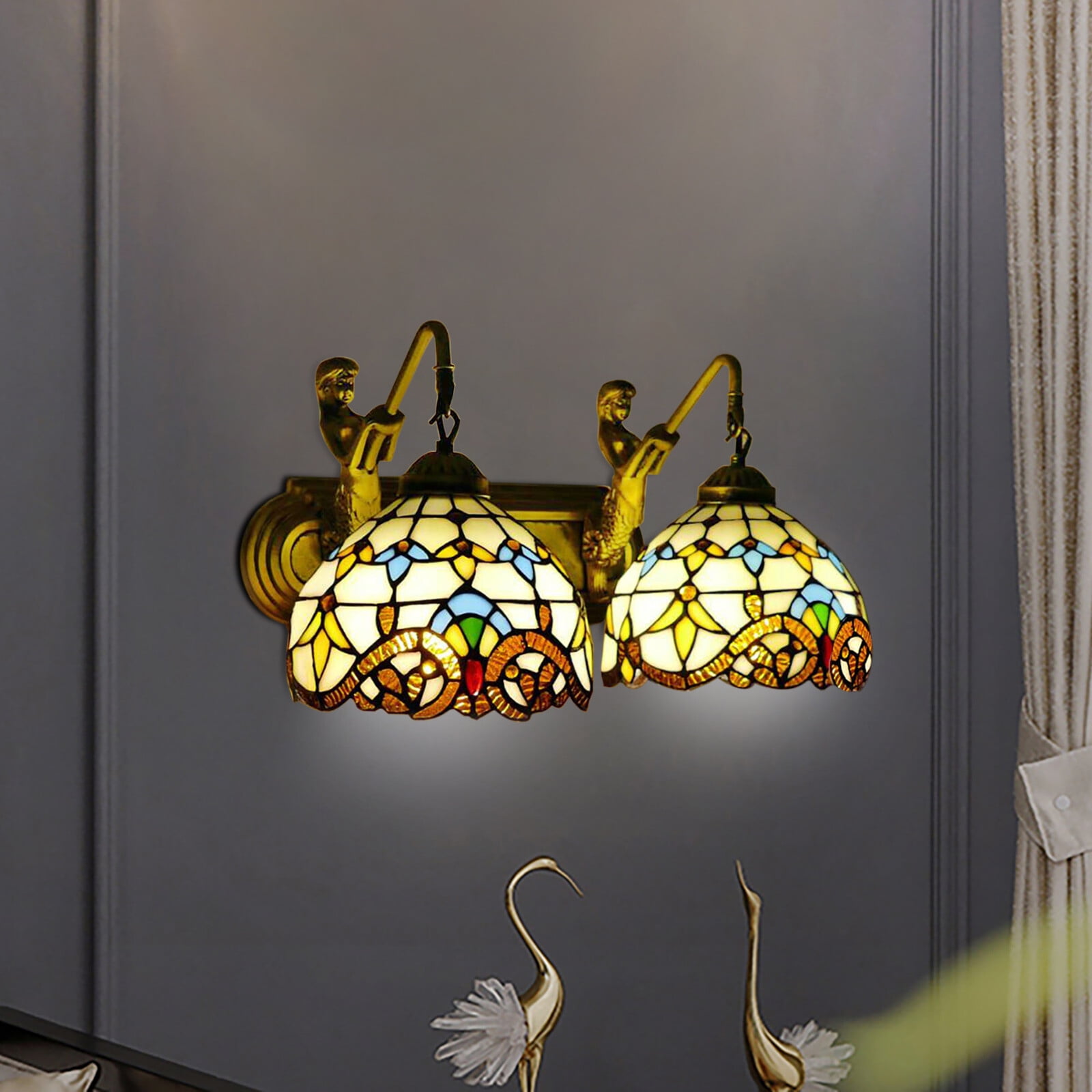 2 Lights Tiffany Mermaid Vanity Fixture Wall Lighting Stained Glass Wall Sconce! For Front Doors, Sheds, Hallways, Terraces