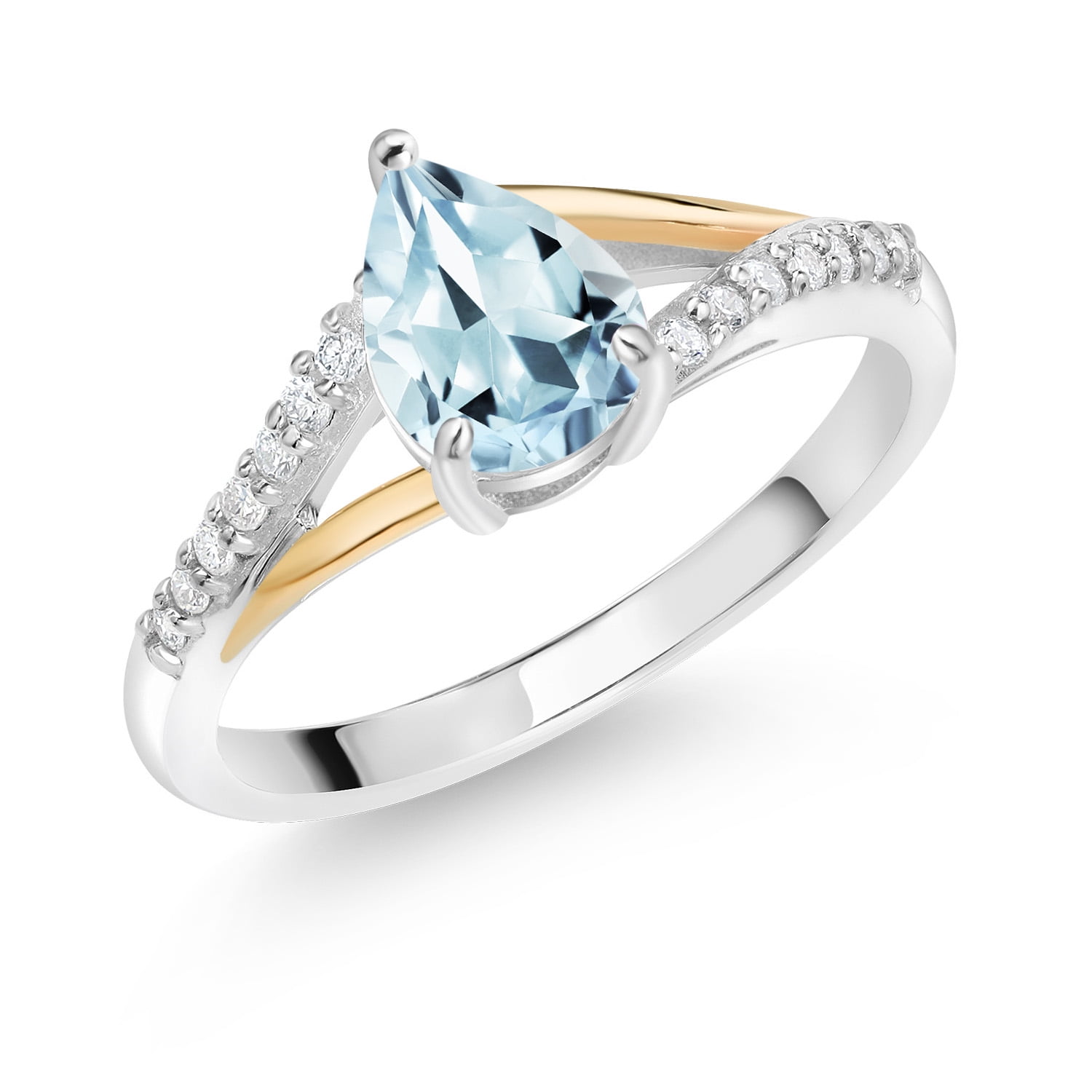 925 Sterling Silver and 10K Yellow Gold Sky Blue Aquamarine and White Lab Grown Diamond Ring for Women (1.01 Cttw, Pear Shape 8X6MM, Gemstone Birthstone, Available in Size 5, 6, 7, 8, 9)