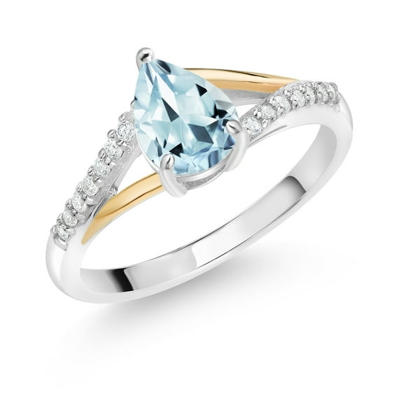 925 Sterling Silver and 10K Yellow Gold Sky Blue Aquamarine and White Lab Grown Diamond Ring for Women (1.01 Cttw, Pear Shape 8X6MM, Gemstone Birthstone, Available in Size 5, 6, 7, 8, 9)