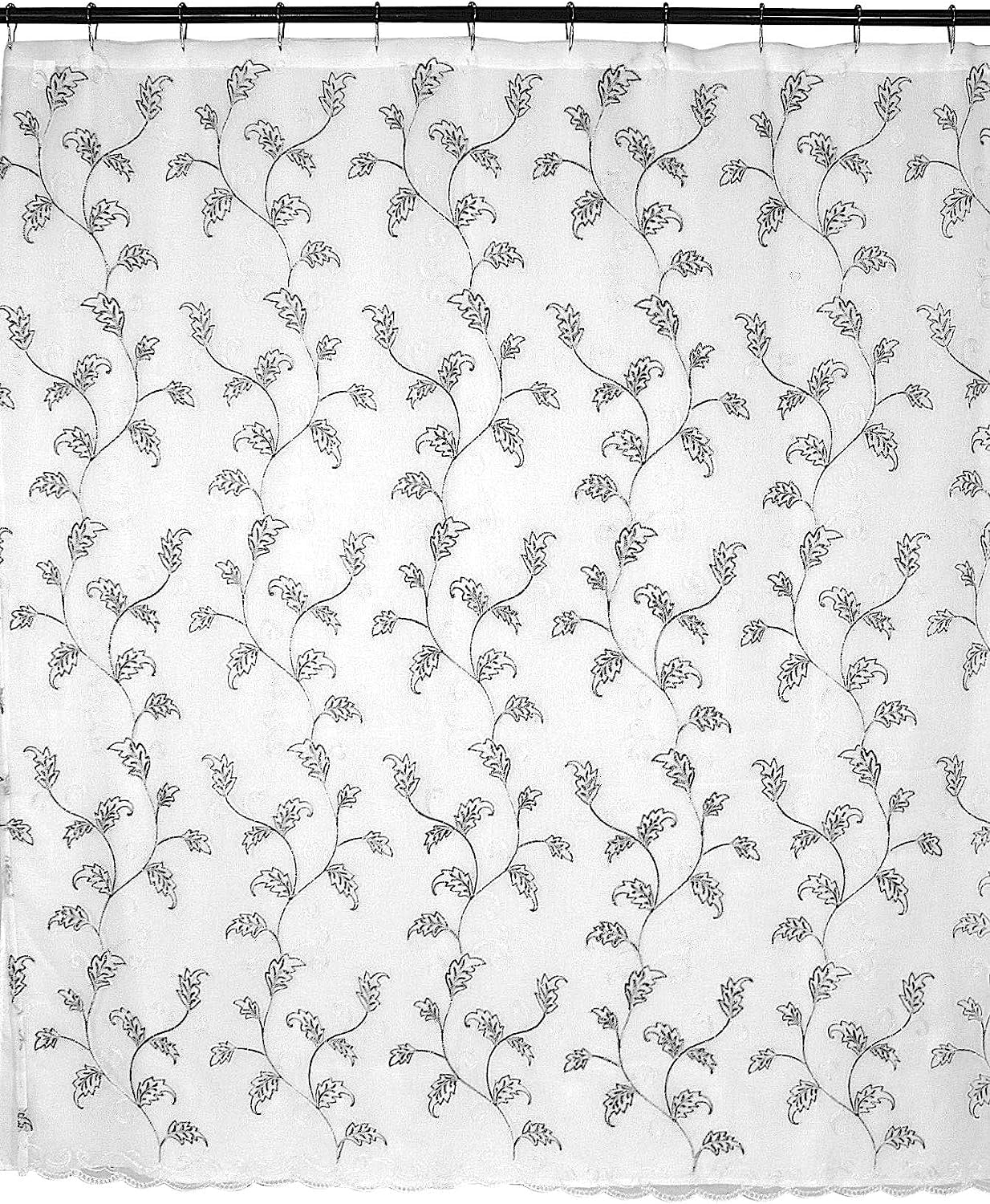 Serafina Home Decorative Sheer Fabric Shower Curtain: Gray and White Embroidered Leaves with Metallic Threading
