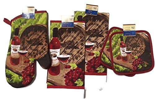 Wine Themed Kitchen Set with 2 Quilted Pot Holders 1 Oven Mitt 3