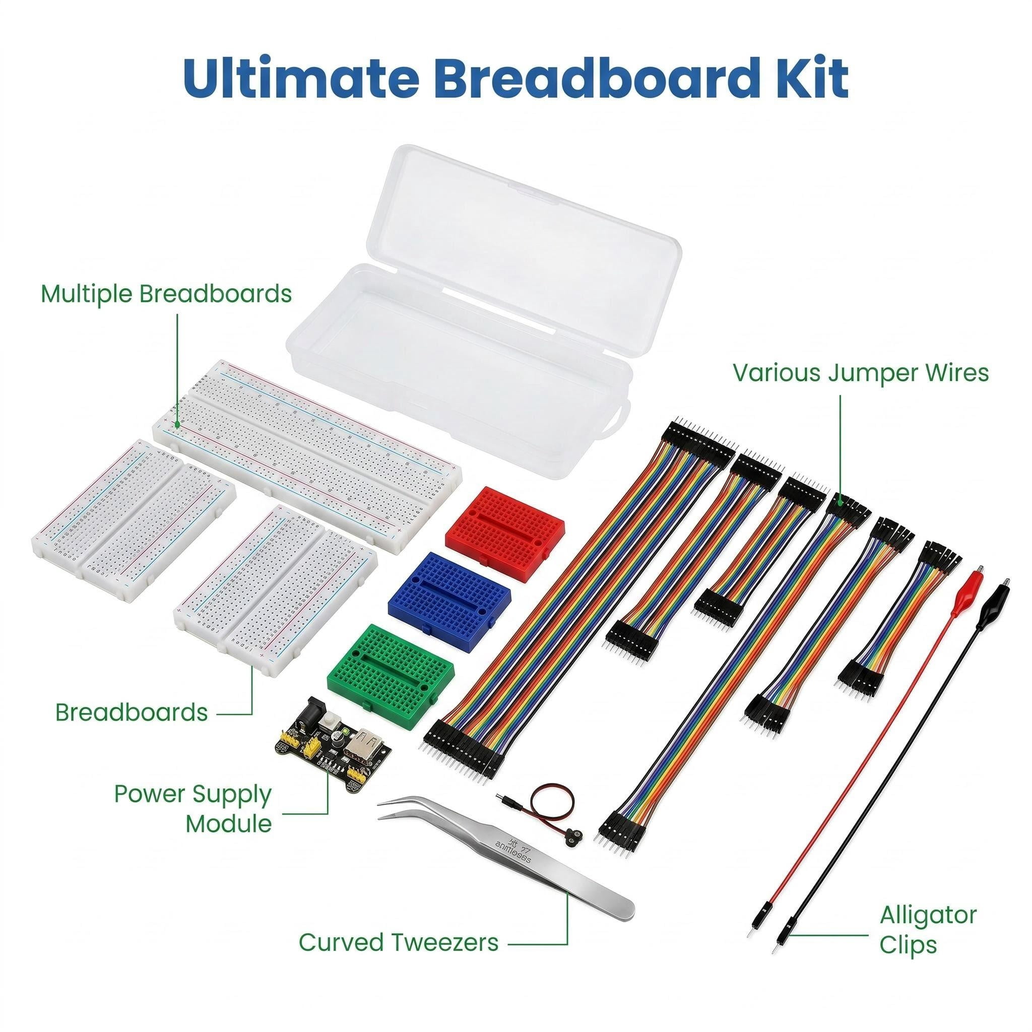 CREHNIL Solderless Breadboard Kit with Jumper Wires, Power Module, Tweezers & Storage Box
