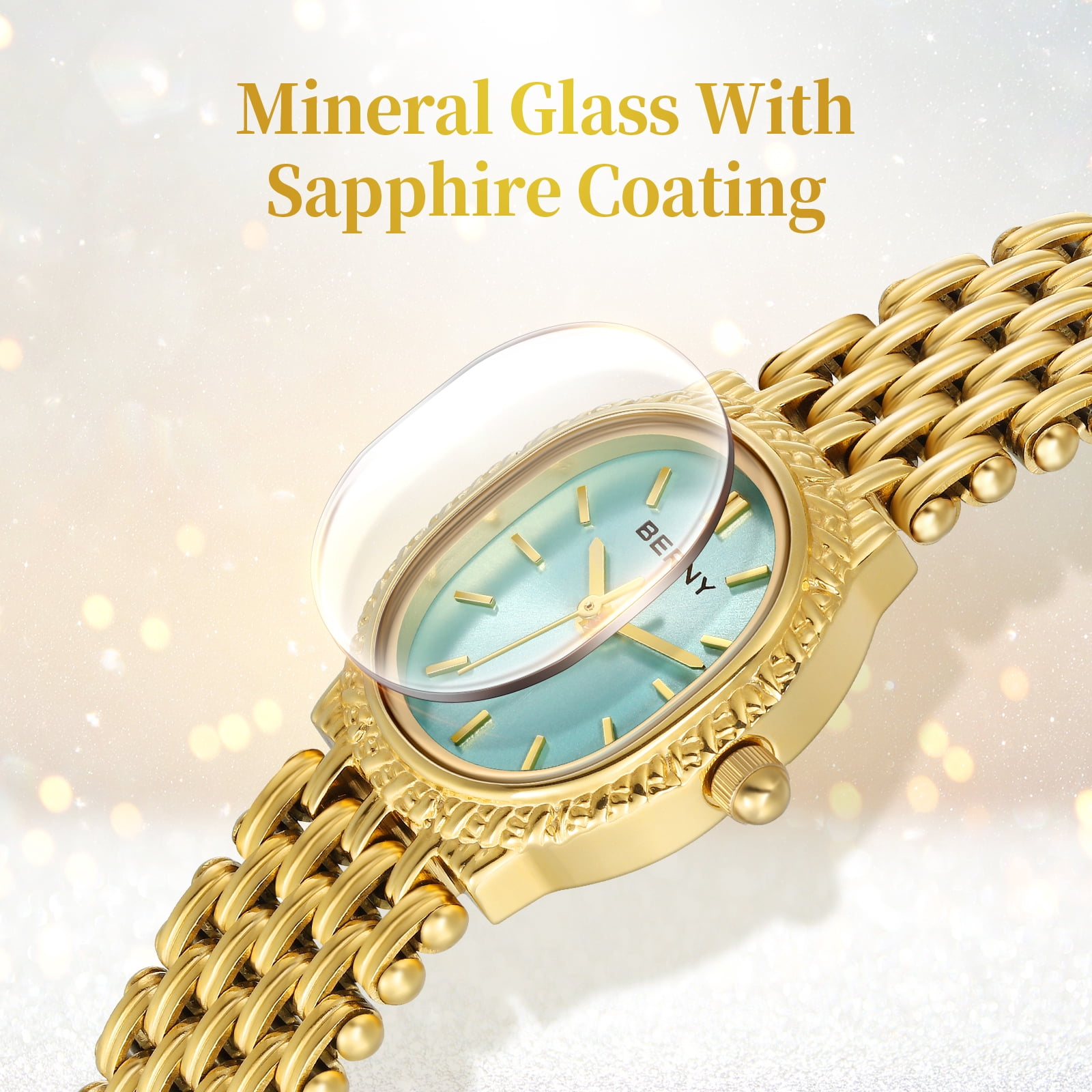 BERNY Small Gold Watches for Women, Dainty Vintage Oval Dial Stainless Steel Bracelet Watch, Adjustment Tool Included, Waterproof, Minimalist Luxury Ladies Analog Quartz Wrist Watch (Glacier Blue)