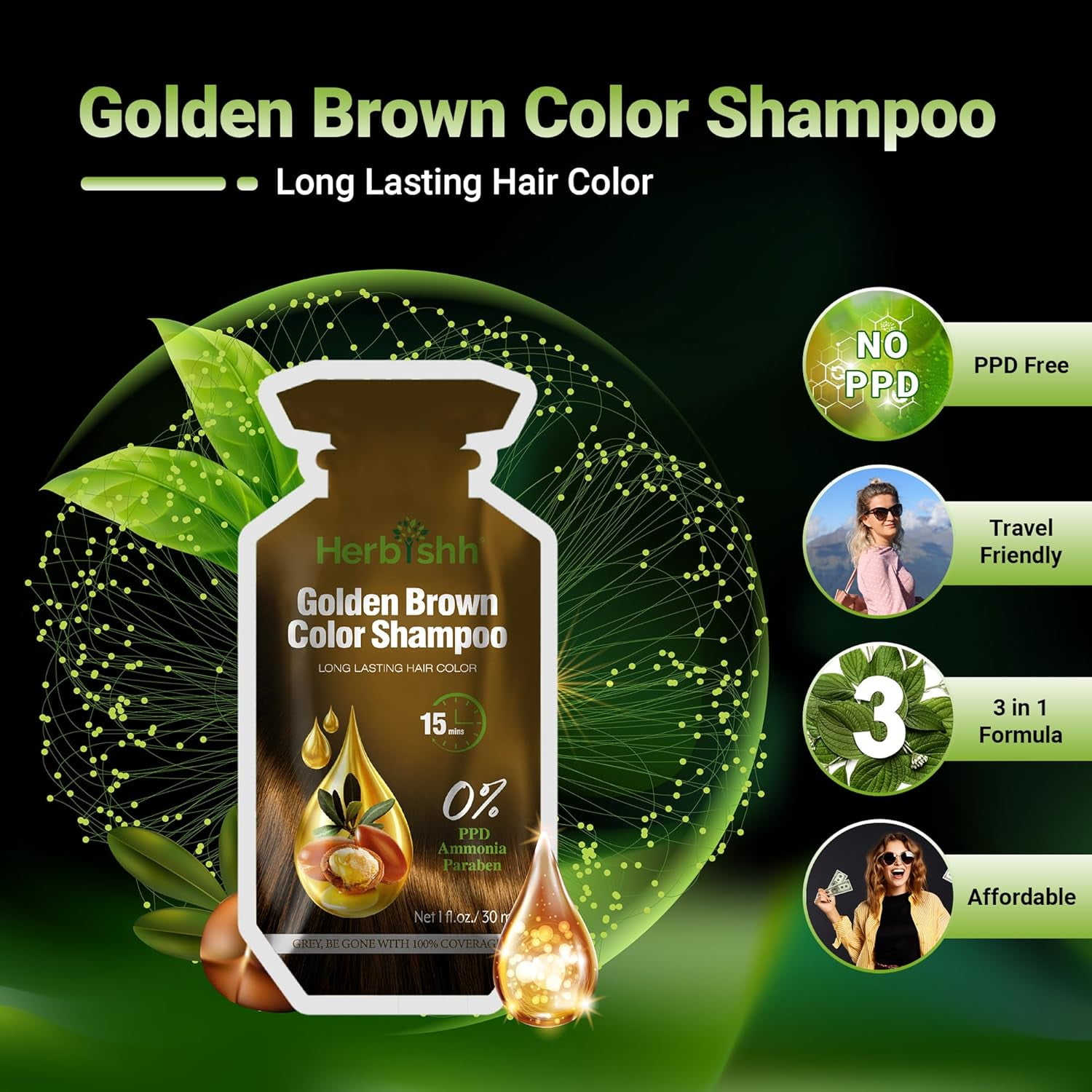 Herbishh Golden Brown PPD-Free Shampoo for Gray Hair, Travel-friendly Hair Dye Shampoo 3 in 1, 100% Gray Coverage, Permanent Hair Color for Men & Women, Ammonia-free, 30 ml