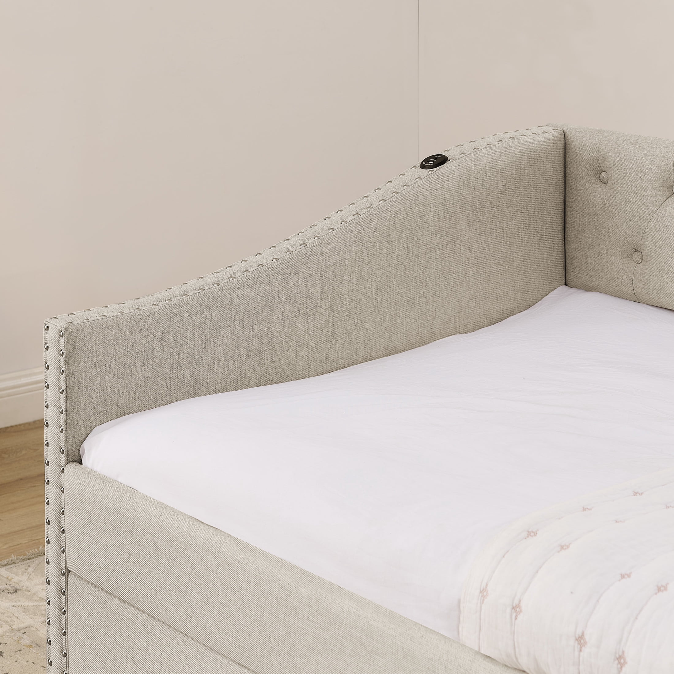 Noble House Liza Twin Size Upholstered Tufted Daybed, Extendable Pull-out Double Bed Frame with Charging Port, Beige