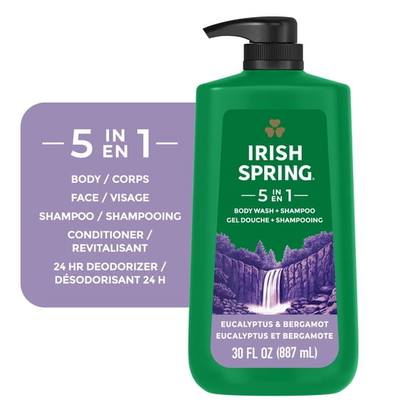 Irish Spring 5 in 1 Moisturizing Body Wash for Men, Fresh Eucalyptus & Bergamot Scent, 30 fl oz