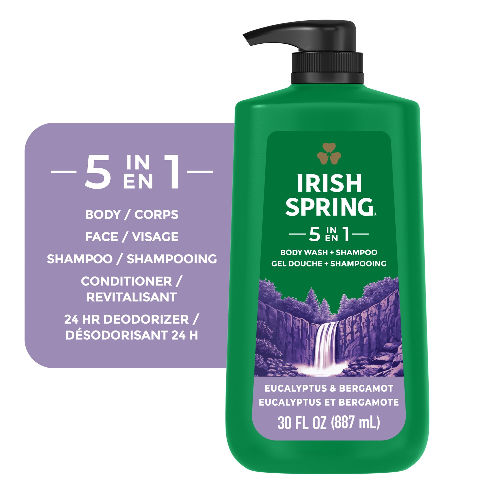 Irish Spring 5 in 1 Moisturizing Body Wash for Men, Fresh Eucalyptus & Bergamot Scent, 30 fl oz