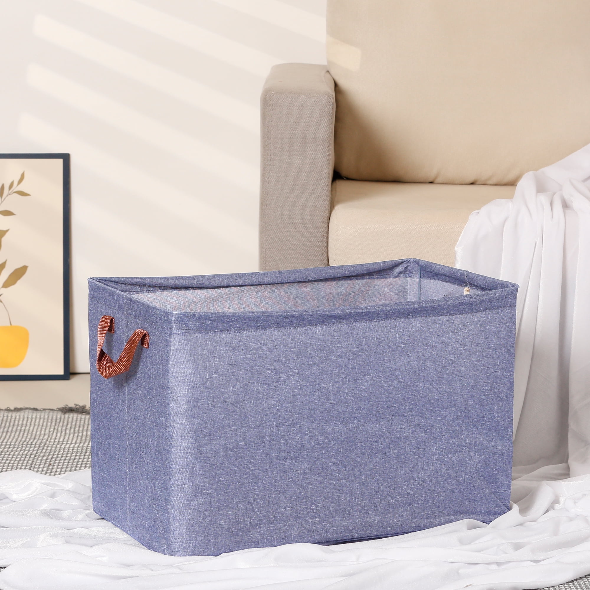 Unique Bargains Fabric Storage Bin with Handles, Collapsible Basket Navy Blue 19*11*8in
