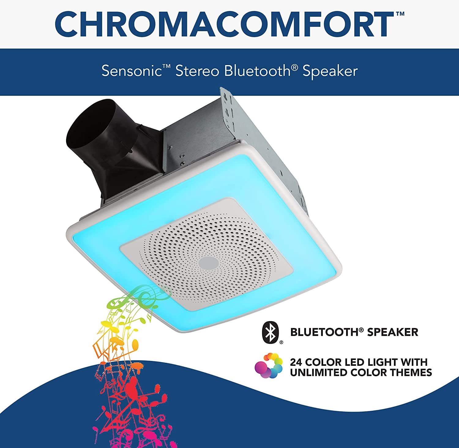 Broan-NuTone SPK110RGBL ChromaComfort Bathroom Exhaust Fan with Sensonic Bluetooth Speaker and LED Light, White - image 2 of 6