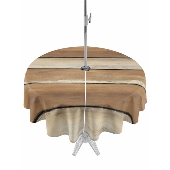 Outdoor Tablecloths with Umbrella Hole & Zipper, Brown Khaki Wooden Round Tablecloth 54 Inch, Vintage Farmhouse Retro Art Waterproof Table Cloth, Patio/Pool/Picnic Table Covers