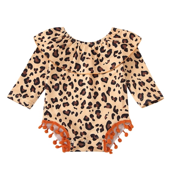Penkiiy Infant Baby Girls Long Sleeve Ruffled Leopard Print Tassels Romper Bodysuit kids Baby Easter Romper 3-6 Months Yellow on Clearance