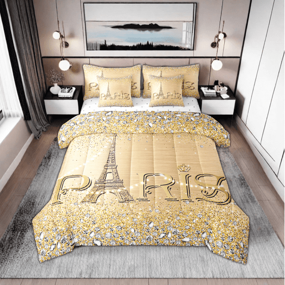 Golden Sequins Comforter Set King Women,Glitter Eiffel Tower Bed in A Bag,(Not Real)Diamond Bedding Sets,Girly Paris Reversible Bed Sets with Sheet Set