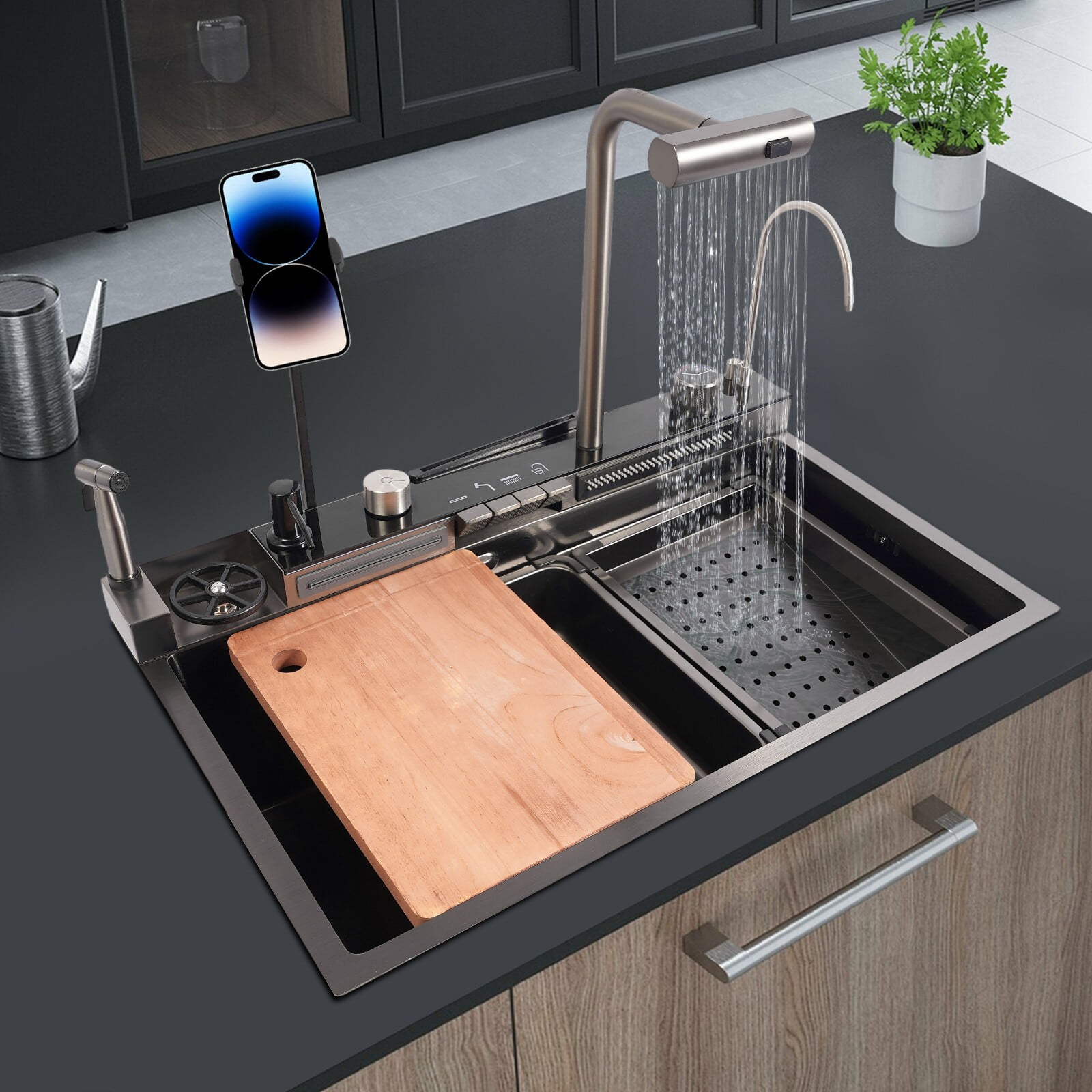 Stainless Steel Single Slot Digital Kitchen Sink Faucet Flying Rain Waterfall 75*46*23cm