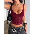 thumbnail image 5 of Women's V-Neck Floral Lace Spaghetti Strap Sheer Sleeveless Backless Cropped Tank Top Wine Red XL, 5 of 8