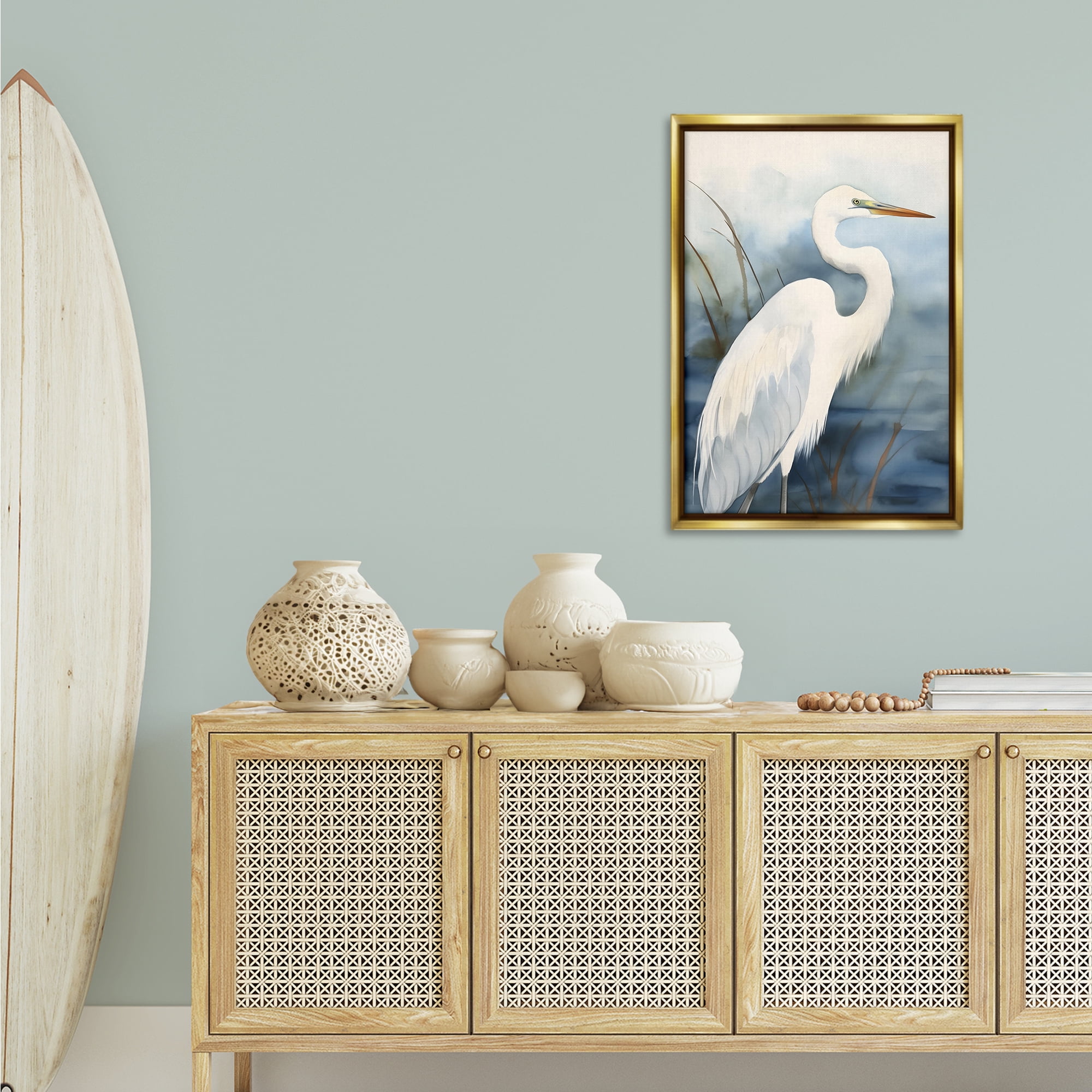 Stupell Industries Soft Egret Impression Animals & Insects Painting Gold Floater Framed Canvas Art Print Wall Art, 21 x 31