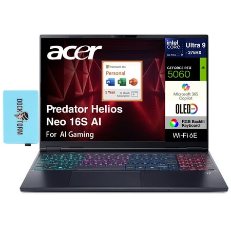 Acer Predator Helios Neo 16S AI AI Gaming Laptop 16.0in WQXGA (Intel Ultra 9- 275HX, NVIDIA GeForce RTX 5060 8GB, 16GB DDR5, 2TB PCIe SSD, Win 11 Pro) w/Microsoft 365 Personal , DKZ USB Port Expander