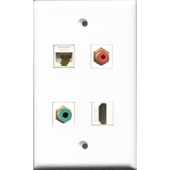 RiteAV 1 Port HDMI and 1 Port RCA Red and 1 Port RCA Green and 1 Port Cat6 Ethernet White Wall Plate