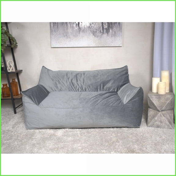 Fila Oversized 2-Seater Velveteen Bean Bag Chair with Armrests for Adults, Gray | Velvet | Curved