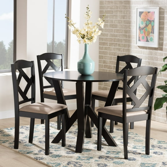 Baxton Studio Riona Sand Fabric Upholstered and Dark Brown Finished Wood 5 Pieces Dining Set