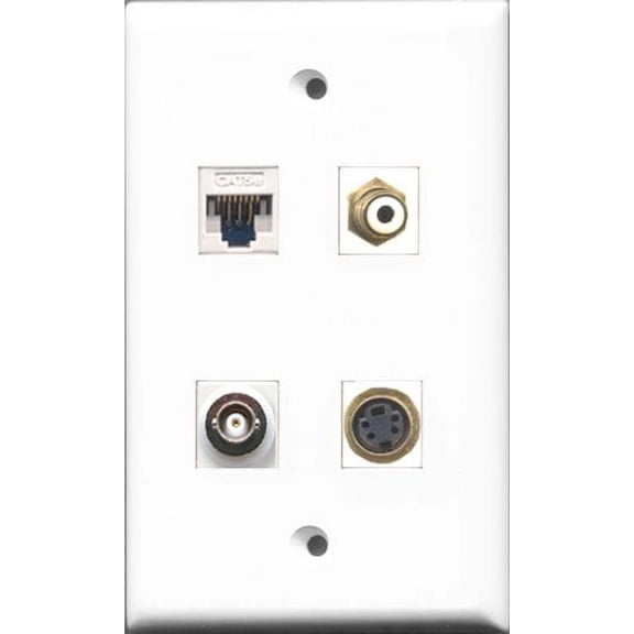 RiteAV 1 Port RCA White and 1 Port S-Video and 1 Port BNC and 1 Port Cat5e Ethernet White Wall Plate